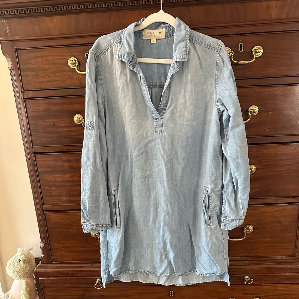 Cloth & Stone Anthropologie Chambray Tencel Denim Shirt Dress Pockets Small